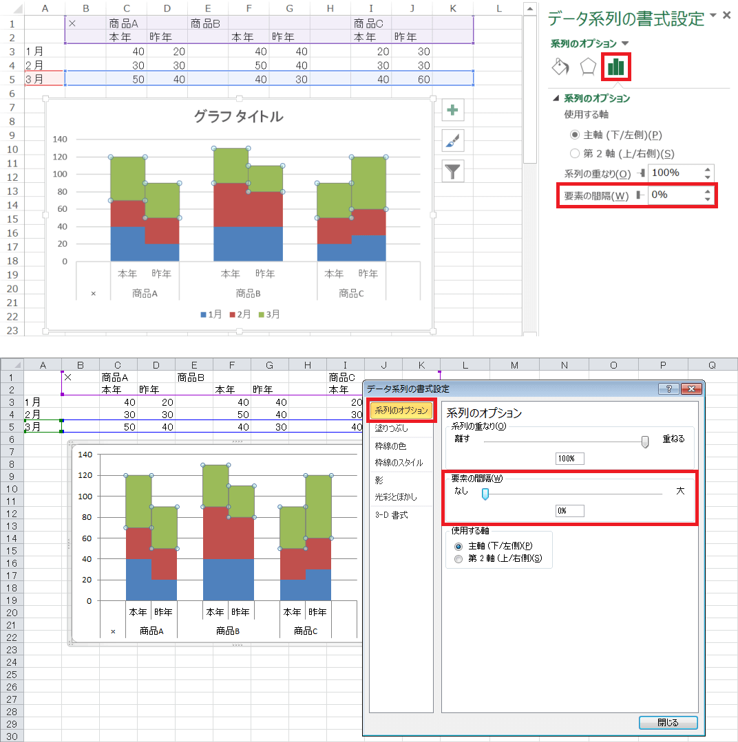 積み上げ縦棒グラフの項目を2本並べて表示する Excel ヘルプの森